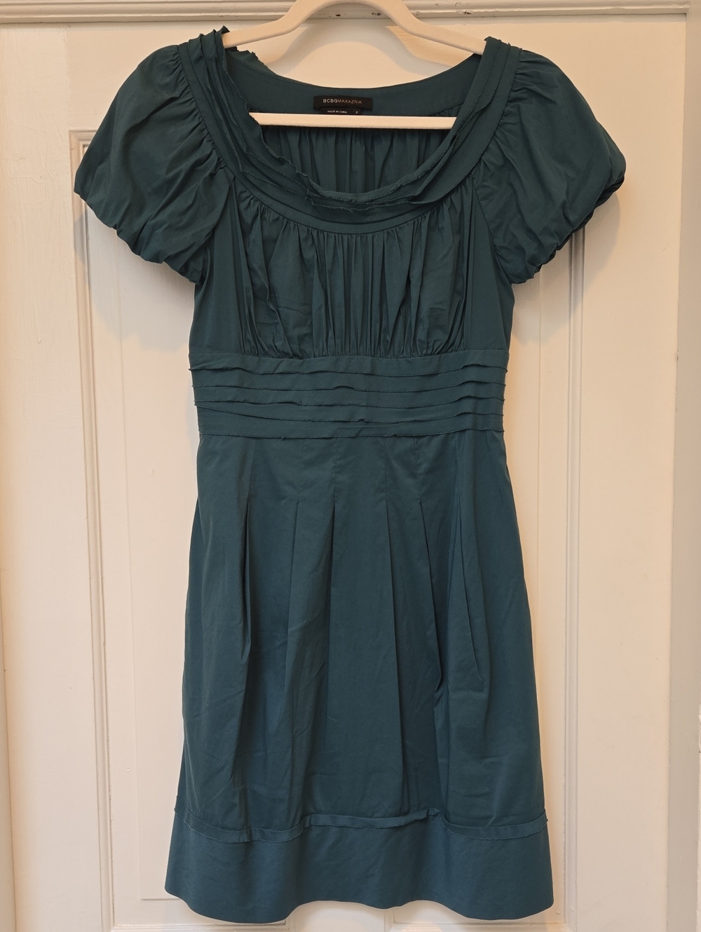 BCBGMaxAzria Teal Puff-Sleeve Pleated Waist Dress